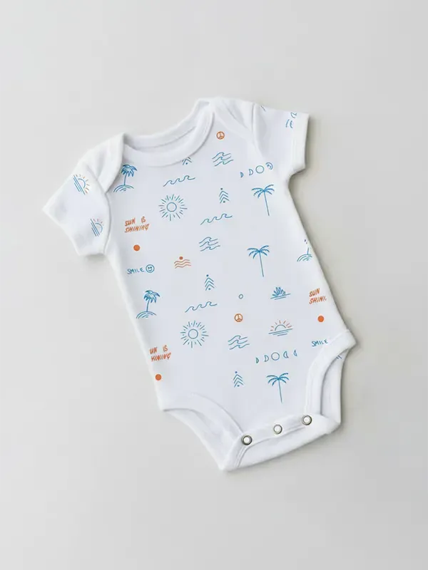 Kids White & Blue Screen Printed Romper
