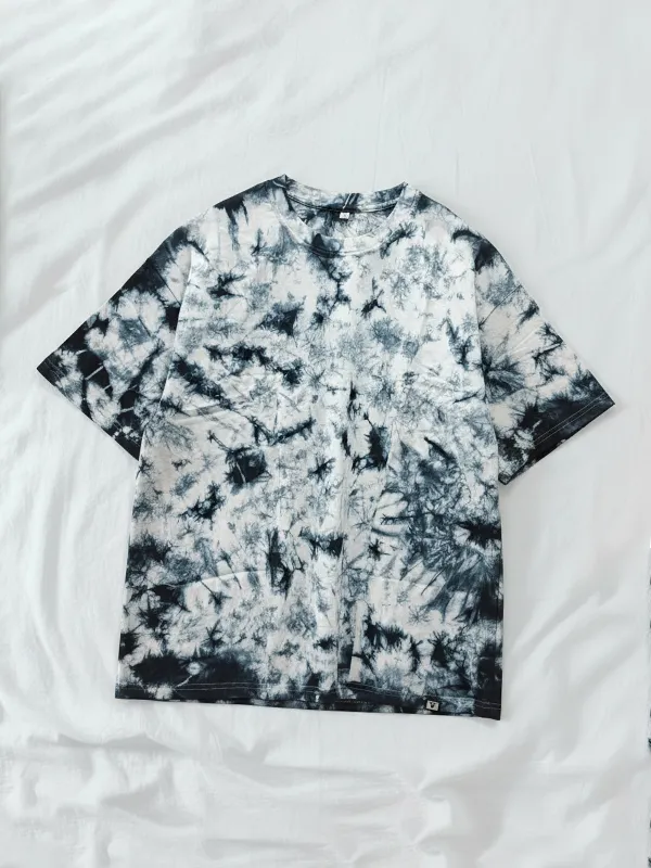 White And Black Tie-Dye Single Jersey Oversized T-shirt 