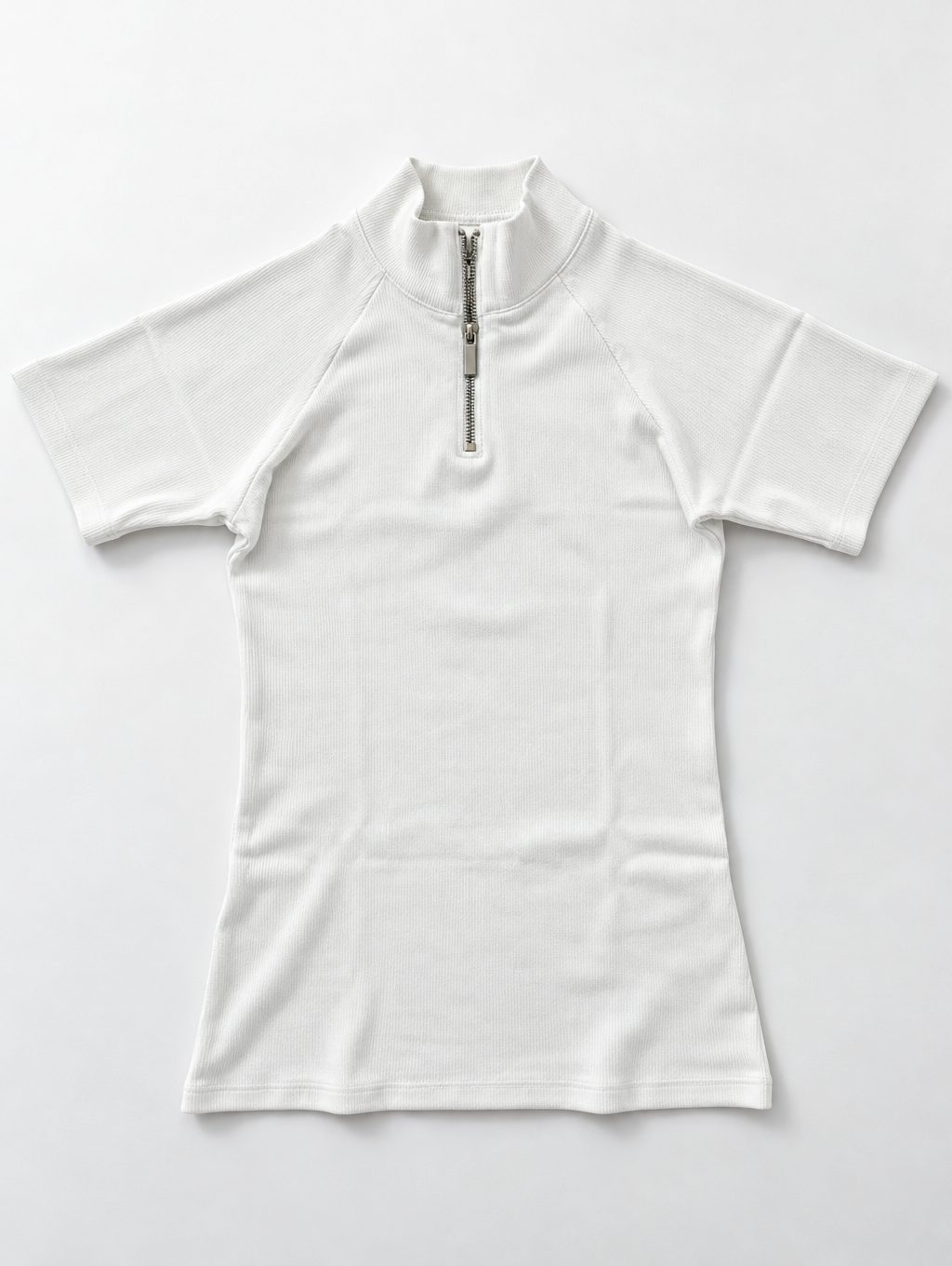 White Ribbed Half-Sleeve Zipper Top